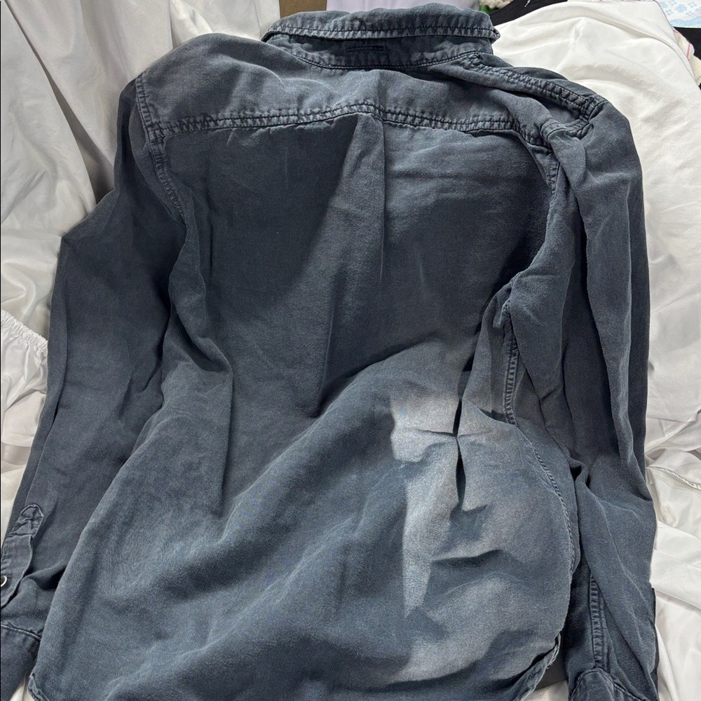 MOTHER Gray collard button down linnen blend long sleeve pocket shirt S - Picture 6 of 13